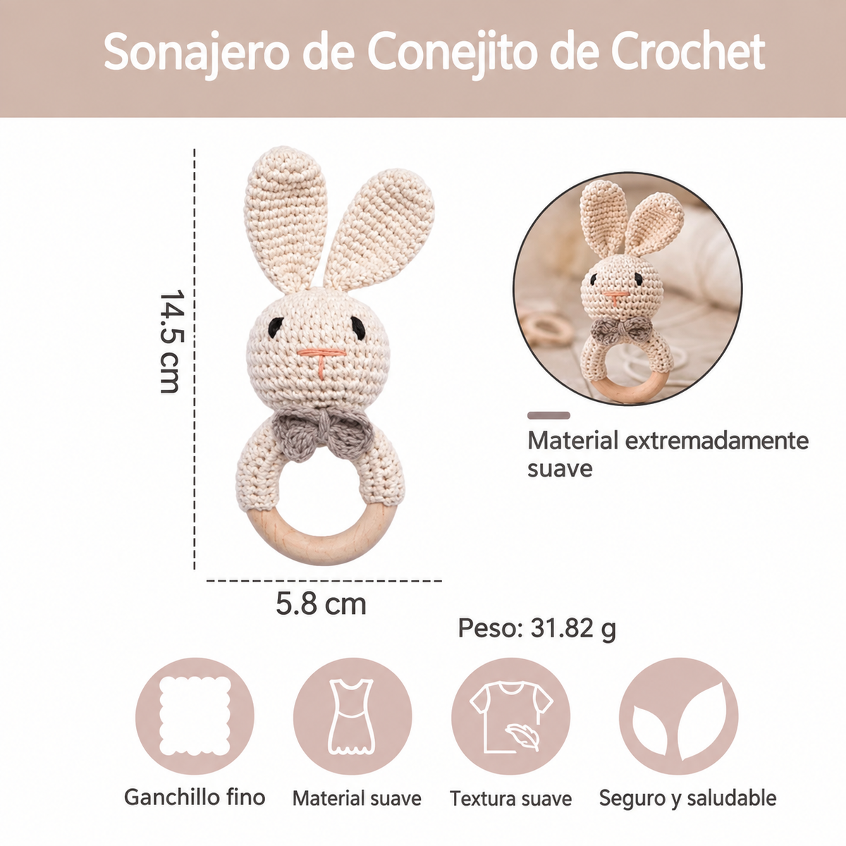 Sonajero de crochet para bebé con mordedor de madera libre de BPA